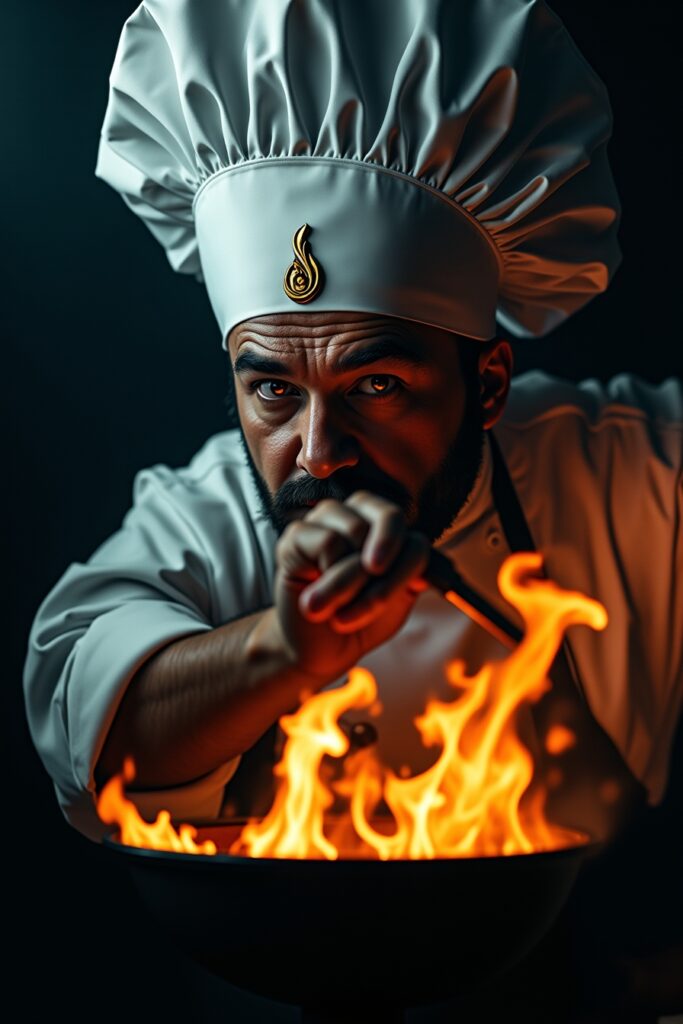 A chef in a white hat and coat intensely controls flames in a cooking pot, showcasing a dramatic culinary moment.