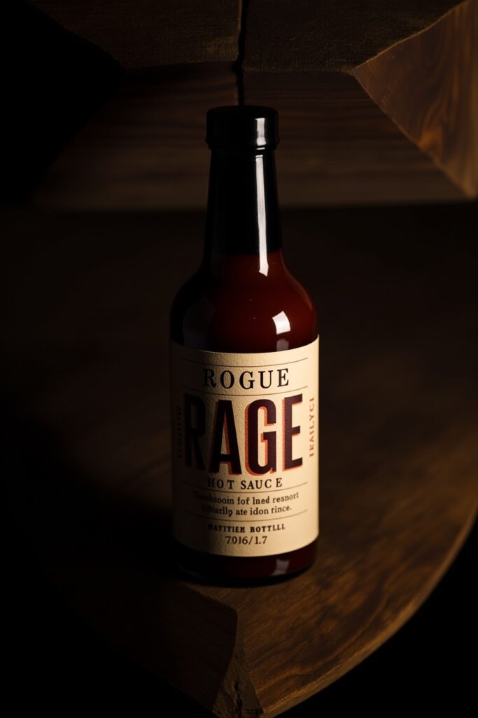 A darkly lit image showcasing a Rogue Rage hot sauce bottle on a wooden shelf, emphasizing its unique label and design.