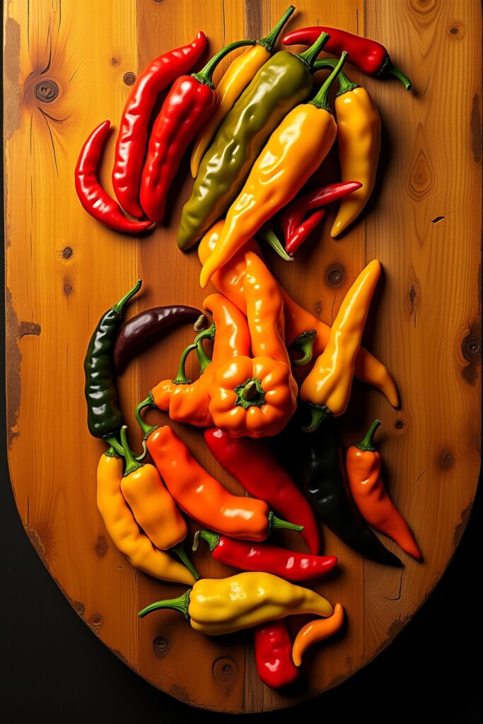 An assortment of vibrant chili peppers in various colors arranged on a wooden table, showcasing their unique shapes and textures.
