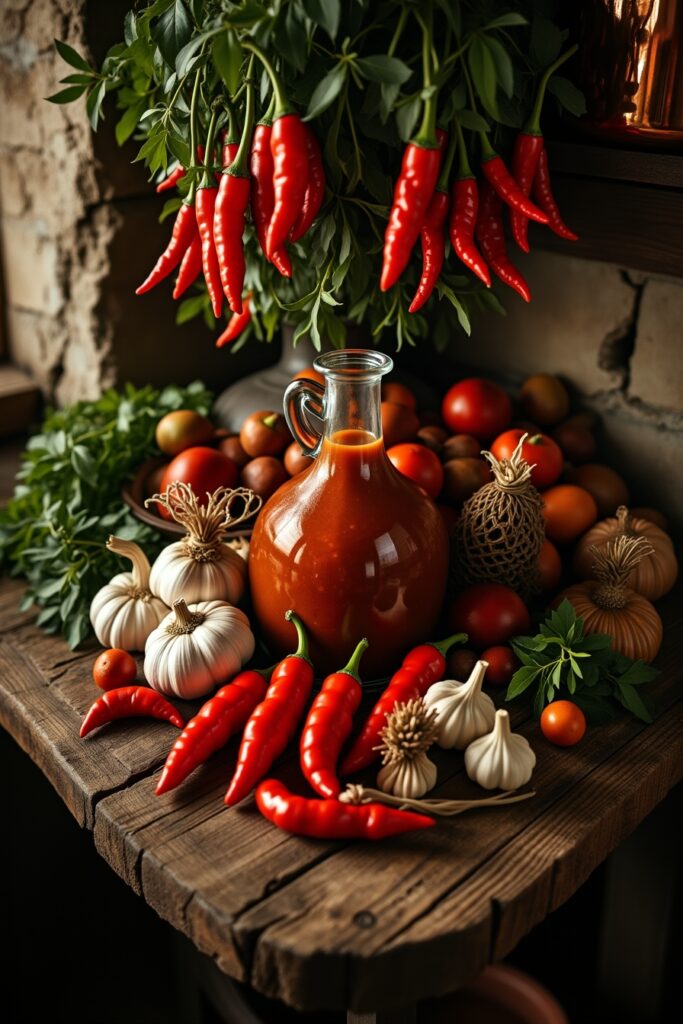 A rustic wooden table adorned with fresh red chilies, garlic, tomatoes, herbs, and a bottle of rich tomato sauce, creating a colorful display of ingredients.