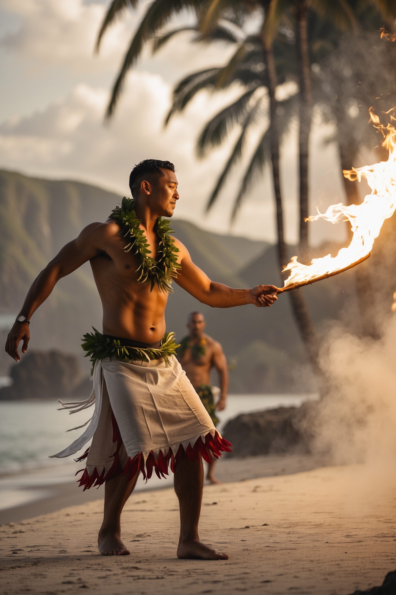 A male performer showcasing fire dancing skills on a tropical beach, wearing traditional attire with a leaf crown and sash, as another dancer appears in the background.