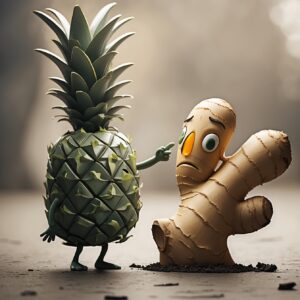 A whimsical scene featuring a cartoon-style pineapple interacting with a ginger character, showcasing exaggerated emotions and vibrant colors in a softly lit environment.