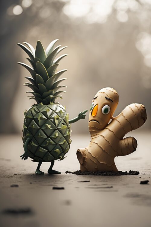 A whimsical scene featuring a cartoon-style pineapple interacting with a ginger character, showcasing exaggerated emotions and vibrant colors in a softly lit environment.