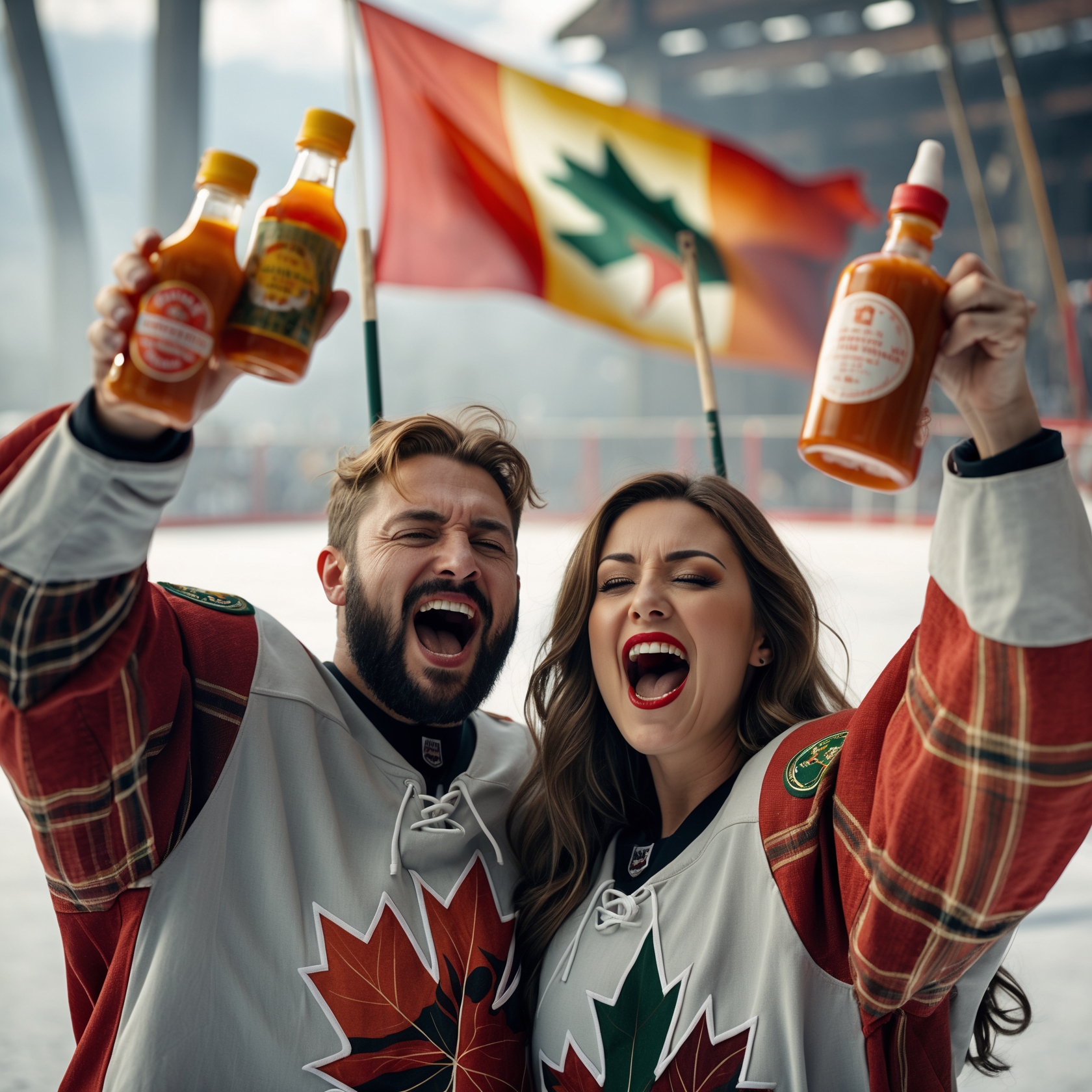 A joyful couple in matching hockey jerseys holds bottles of hot sauce while enthusiastically cheering, with a Canadian flag waving in the background.