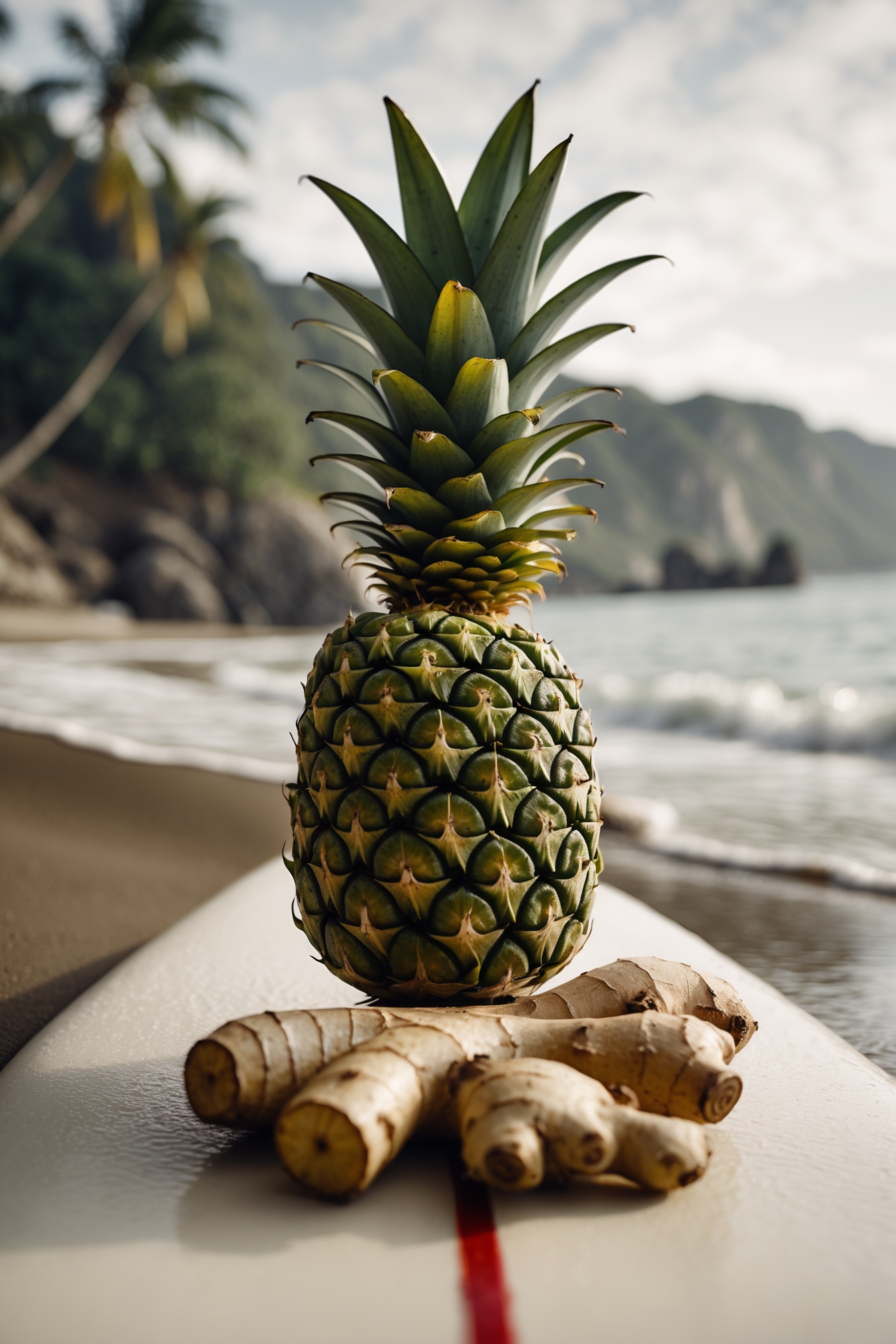 A close-up of a pineapple placed on a surfboard, with ginger root beside it and a serene beach scene in the background.