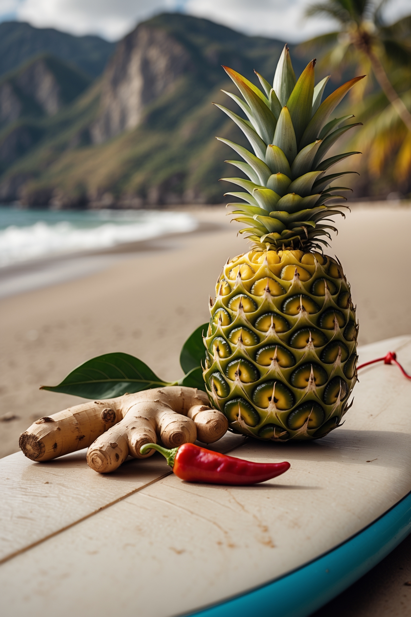 A fresh pineapple, ginger root, and a red chili pepper placed on a surfboard with a sandy beach and mountains in the background.